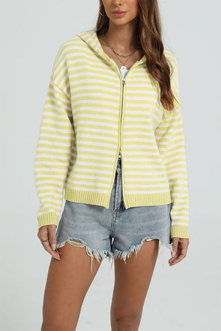 Striped Zip-Up Hooded Knit Cardigan