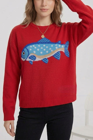 Fish Intarsia Crew Neck Knit Sweater
