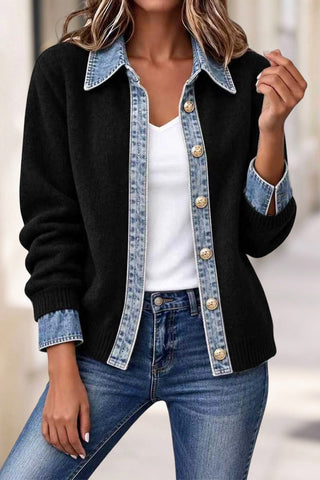 Denim Trim Button-Front Knit Cardigan