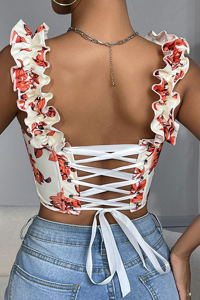 Ruffle Strap Floral Corset Tank Top
