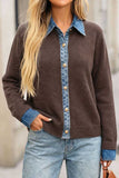 Denim Trim Button-Front Knit Cardigan