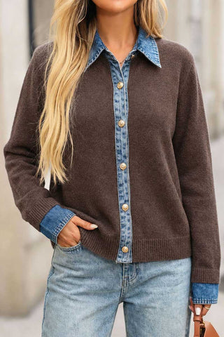 Denim Trim Button-Front Knit Cardigan