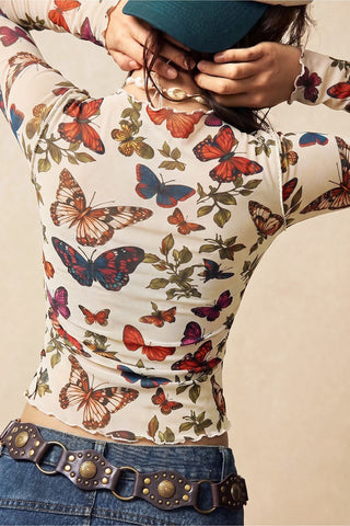 Butterfly Print Mock Neck Mesh Top