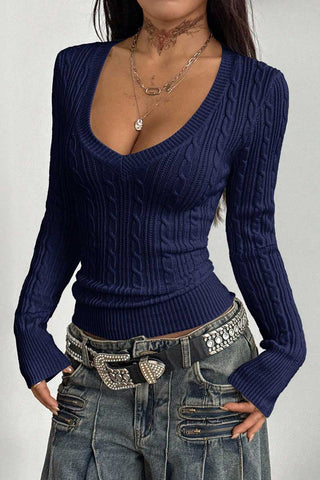 Cable Knit V-Neck Long Sleeve Sweater
