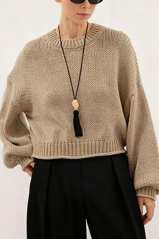 Ribbed Crew Neck Balloon Sleeve Sweater