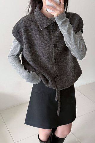 Collared Ribbed Knit Button-Front Vest