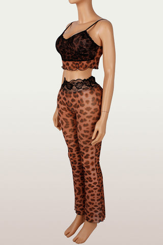 Sheer Lace Trim Animal Print Pants Set