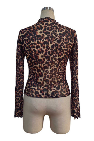 Ruffle Mock Neck Leopard Long Sleeve Top