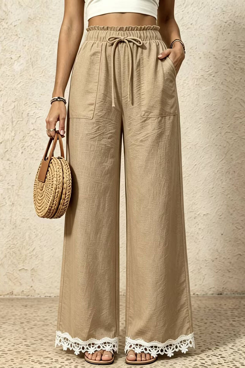 Ruffle Waist Lace-Trim Wide-Leg Pants