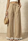 Ruffle Waist Lace-Trim Wide-Leg Pants