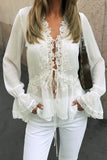 Lace-Up Front Bell Sleeve Sheer Blouse