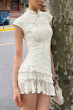 Lace Mandarin Collar Cap Sleeve Mini Dress
