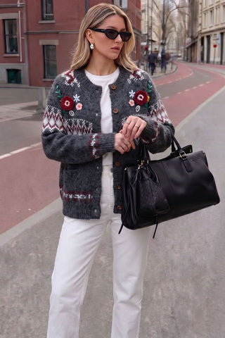 Floral Applique Fair Isle Knit Cardigan