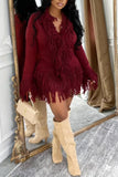 Fringe Trim V-Neck Knit Skirt Set