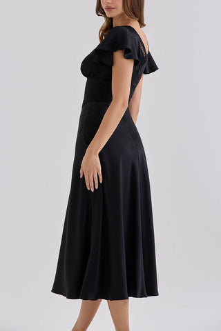Lace Trim Flutter Sleeve V-Neck Midi Dress