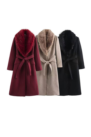 Faux Fur Collar Tie-Waist Midi Coat