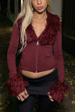 Fuzzy Trim Zip-Front Long Sleeve Top