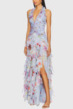 Floral Halter Ruched Ruffle Maxi Dress