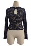 Sheer Floral Lace Mock Neck Crop Blouse