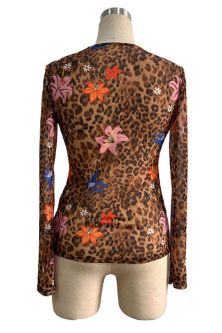 Floral Leopard Print Button-Front Blouse