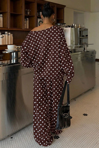 Polka Dot Off-Shoulder Long Sleeve Pants Set