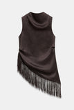 Satin Mock Neck Fringe Tank