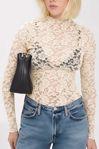 Floral Lace Mock Neck Long Sleeve Blouse