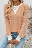 Textured V-Neck Color Block Sweatshirt