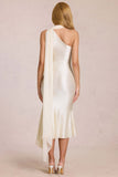 One-Shoulder Tie Neck Satin Midi Dress
