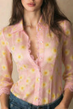 Sheer Floral Lace Trim Button-Front Blouse