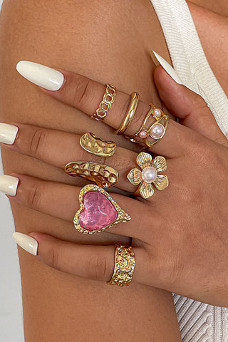 Mixed Metal Floral and Heart Ring Set