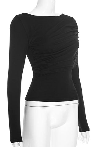 Ruched Boat Neck Long Sleeve Crop Top