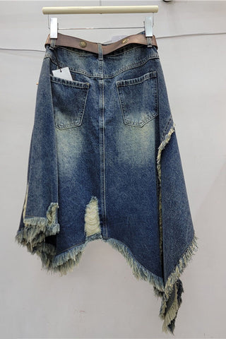 Asymmetric Frayed Hem Denim Midi Skirt