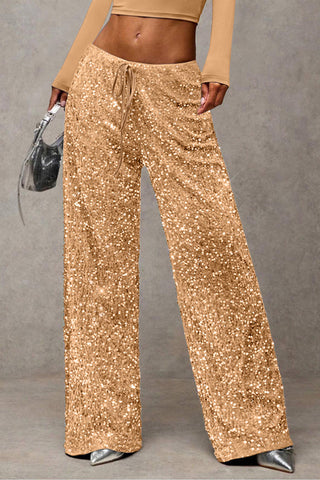 Sequin Drawstring Wide-Leg Casual Pants