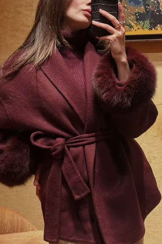 Faux Fur Cuff Wrap Belted Coat