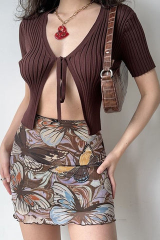 Butterfly Print Sheer Ruched Mini Skirt