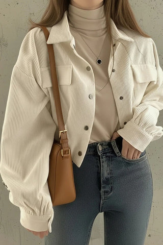 Ribbed Button-Front Collared Jacket