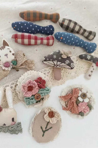Floral Crochet Lace and Plaid Brooch