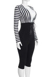Striped V-Neck Lace-Up Bodycon Romper