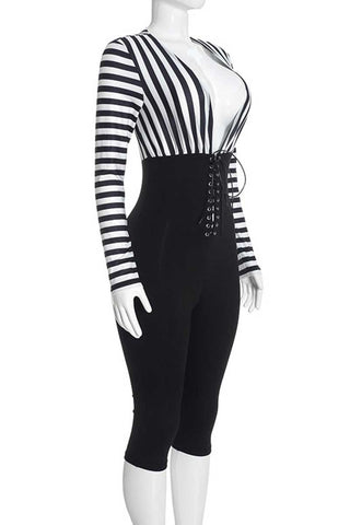 Striped V-Neck Lace-Up Bodycon Romper