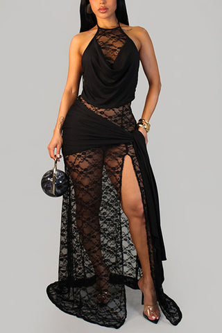 Lace Halter Cutout Maxi Dress