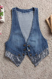 Sequin Hem Button Front Denim Vest