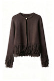 Fringe Trim Crew Neck Knit Cardigan