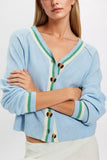 Striped Trim V-Neck Button Cardigan