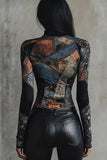 Patchwork Print Mock Neck Bodycon Blouse