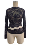 Sheer Floral Lace Mock Neck Long Sleeve Blouse