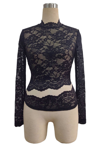 Sheer Floral Lace Mock Neck Long Sleeve Blouse