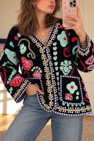 Embroidered Floral V-Neck Button-Front Coat