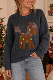 Sequin Animal Motif Crew Neck Sweater