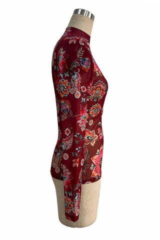 Floral Mock Neck Sheer Long Sleeve Top